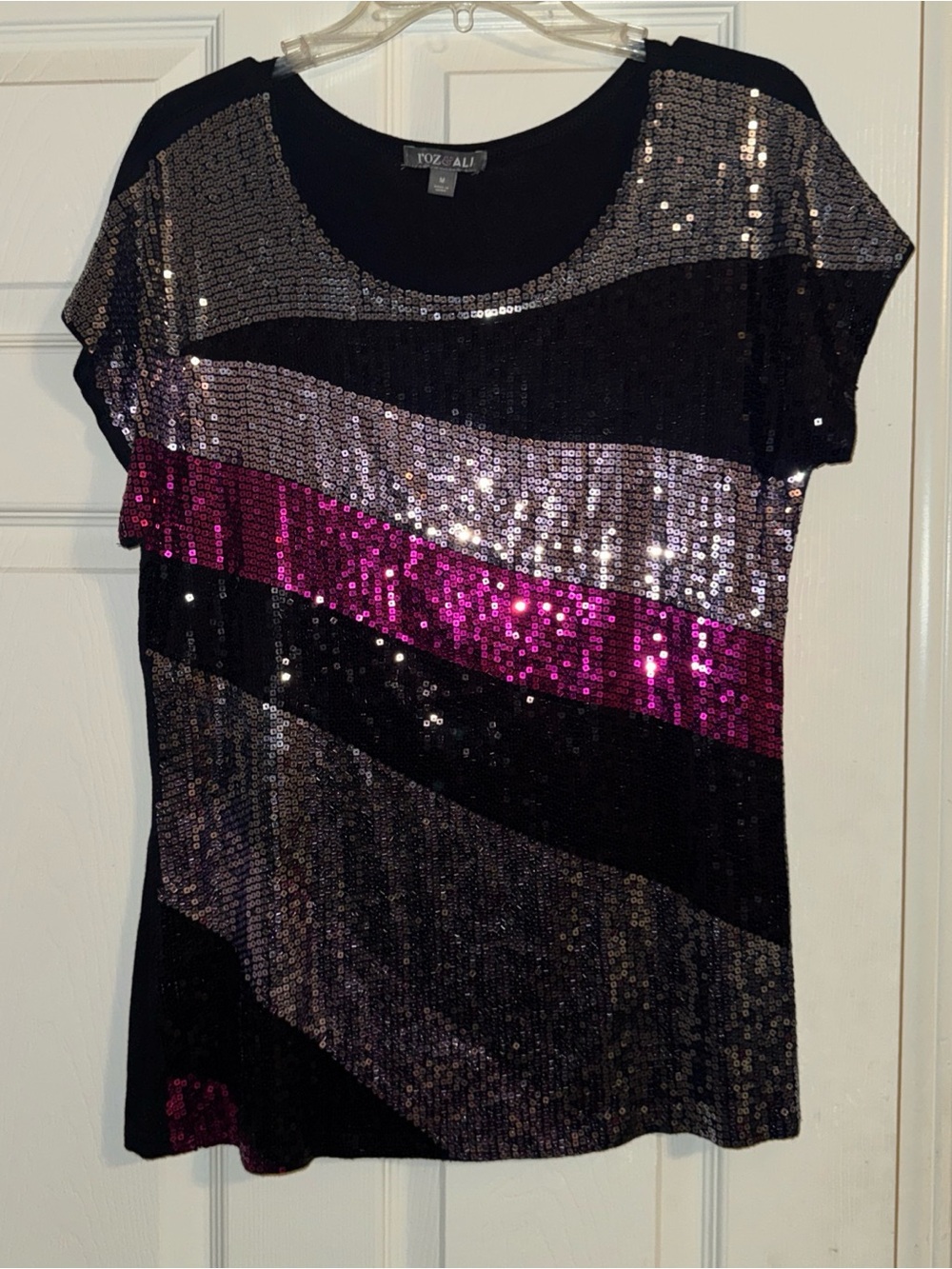 Roz & Ali Black Top with Pink and Silver Sequin Stripes